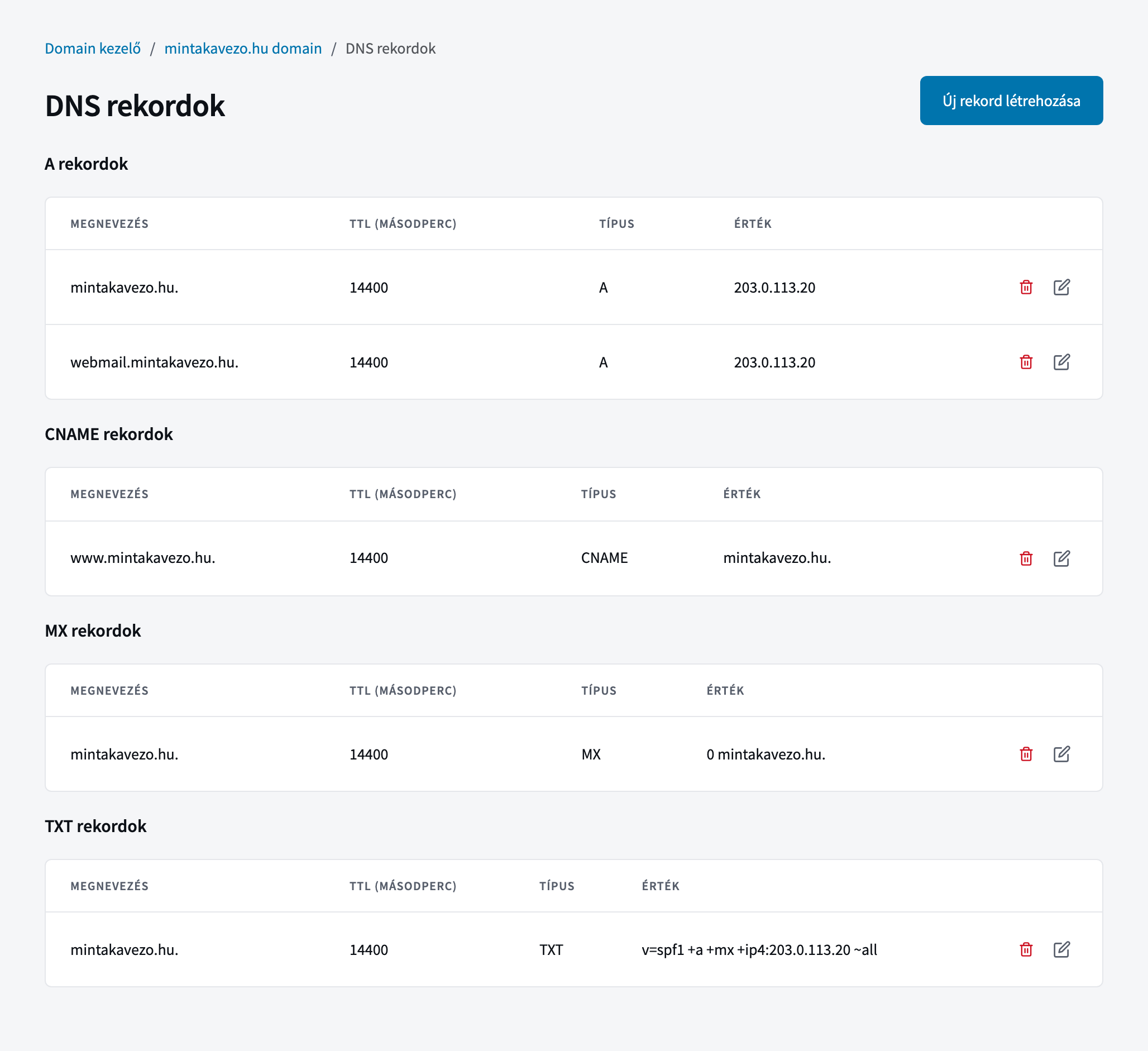 A DNS rekordok oldal típus szerint csoportosított rekordokkal, jobb felül az Új rekord létrehozása gombbal, a sorok végén törlés és szerkesztés ikonnal