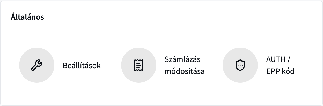 A domain név oldalának Általános kártyája a Beállítások, a Számlázás módosítása és az AUTH / EPP kód ponttal