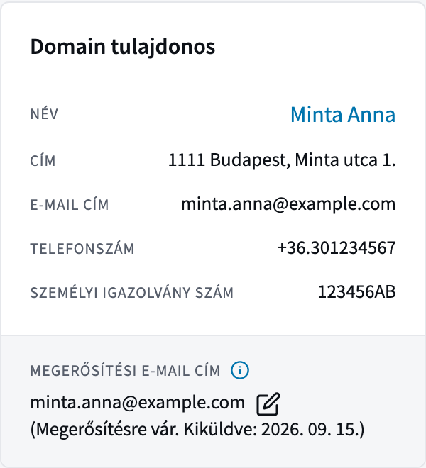 A Domain tulajdonos kártya, a megerősítési e-mail cím alatt Megerősítésre vár felirat a kiküldés dátumával és egy ceruza ikon