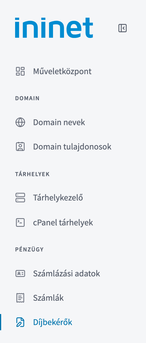 Az ügyfélkapu bal oldali menüje, a „Pénzügy” csoportban kiemelve a „Díjbekérők” menüpont