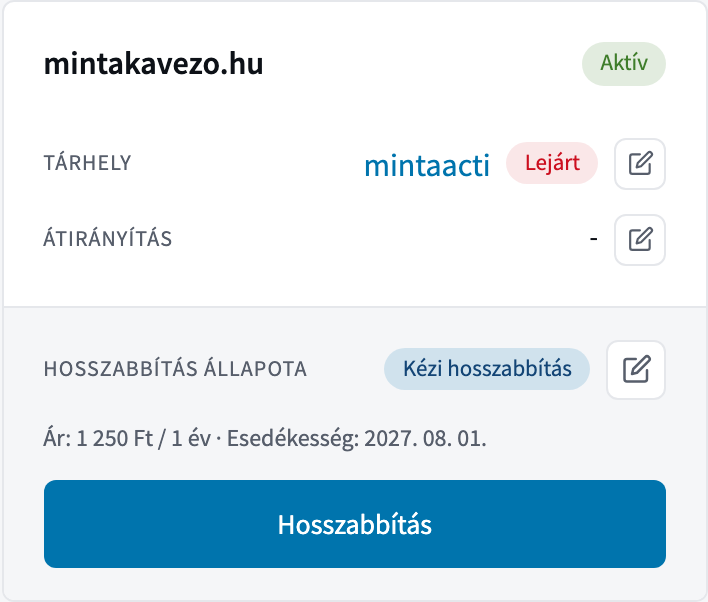 A domain név kártyája az ügyfélkapun, alul a Hosszabbítás állapota sor Kézi hosszabbítás értékkel és a ceruza ikonnal