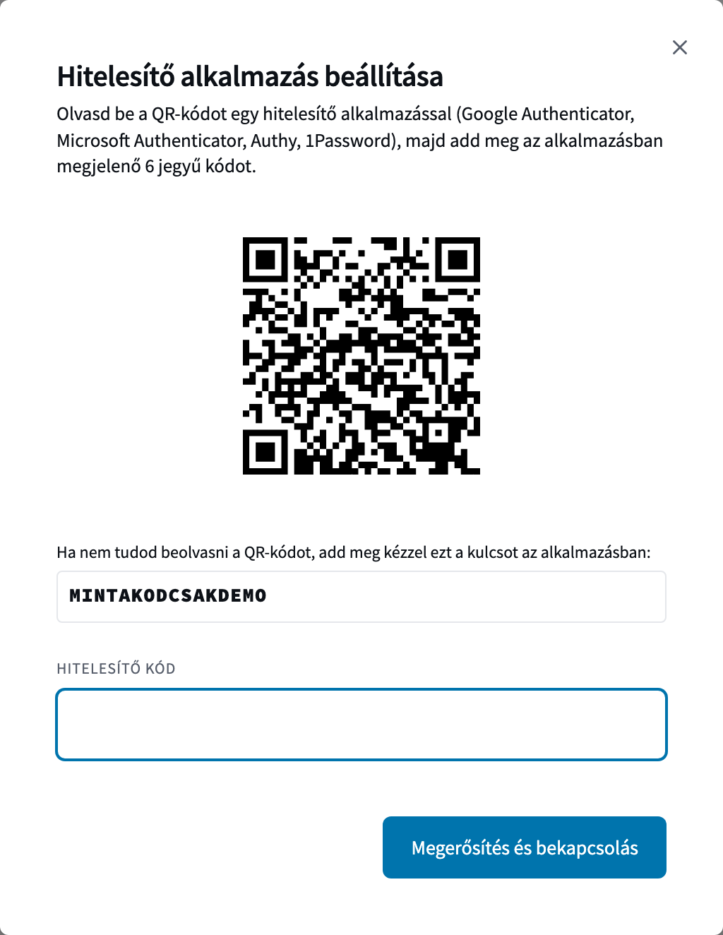 A Hitelesítő alkalmazás beállítása ablak a QR-kóddal, a kézzel beírható kulccsal és a Hitelesítő kód mezővel