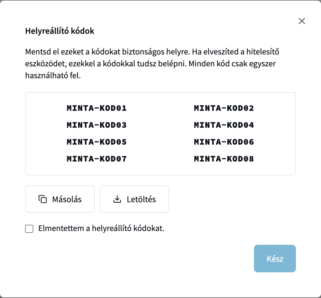 A helyreállító kódok ablak nyolc mintakóddal, a Másolás és Letöltés gombbal és az Elmentettem a helyreállító kódokat jelölőnégyzettel
