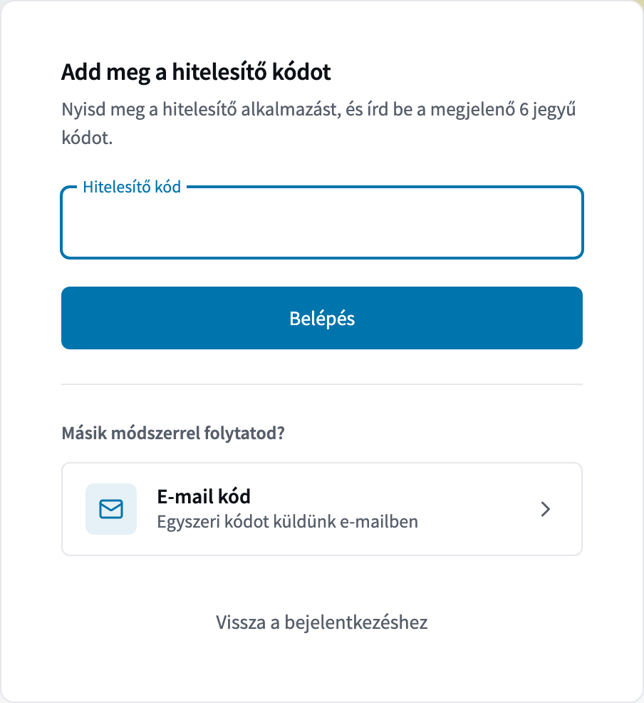 A belépés második lépése: Hitelesítő kód mező, Belépés gomb, alatta a Másik módszerrel folytatod kérdés az E-mail kód lehetőséggel