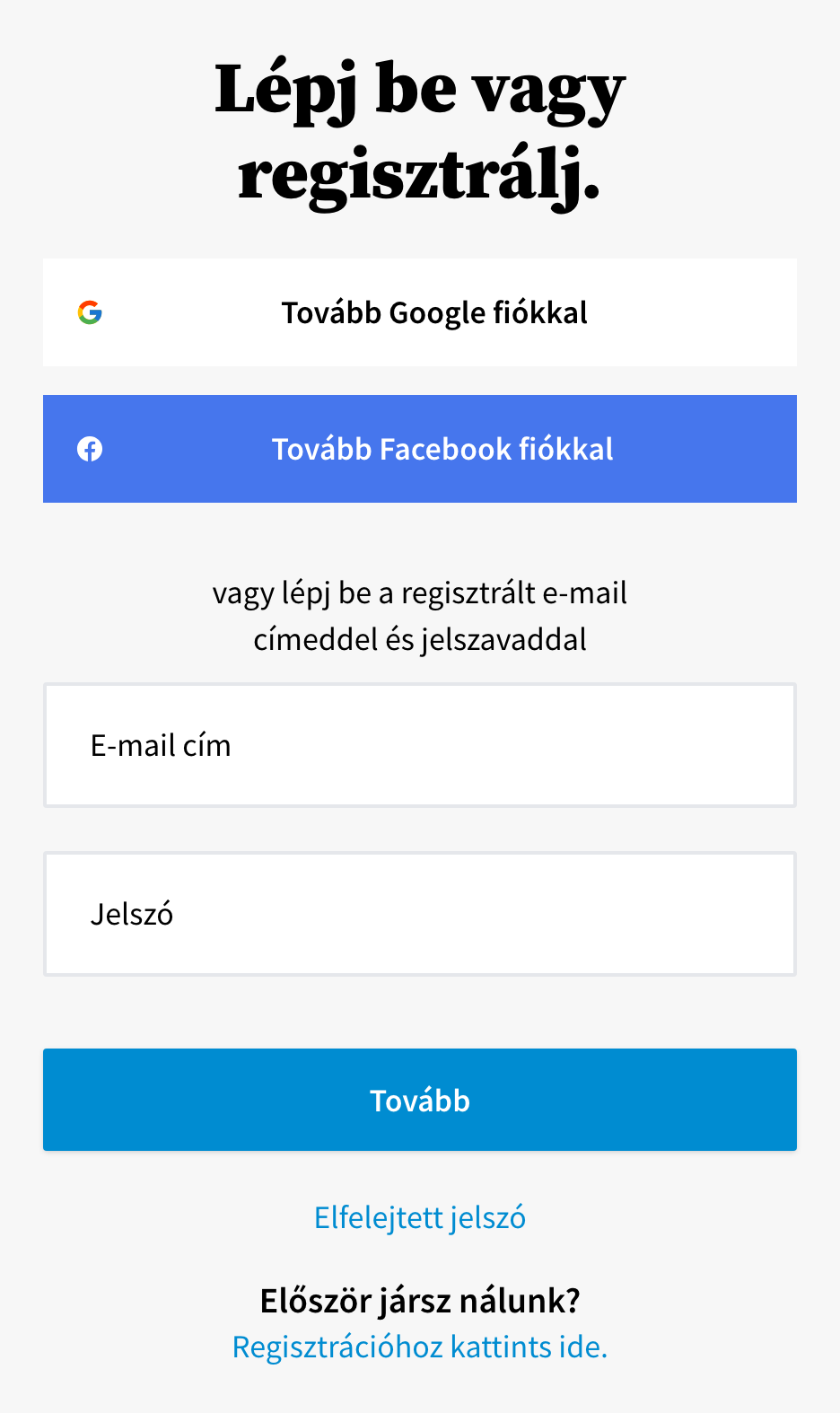 Az ininet.hu Belépés oldala: Tovább Google fiókkal és Tovább Facebook fiókkal gomb, E-mail cím és Jelszó mező, Tovább gomb, alatta az Elfelejtett jelszó és a Regisztrációhoz kattints ide link