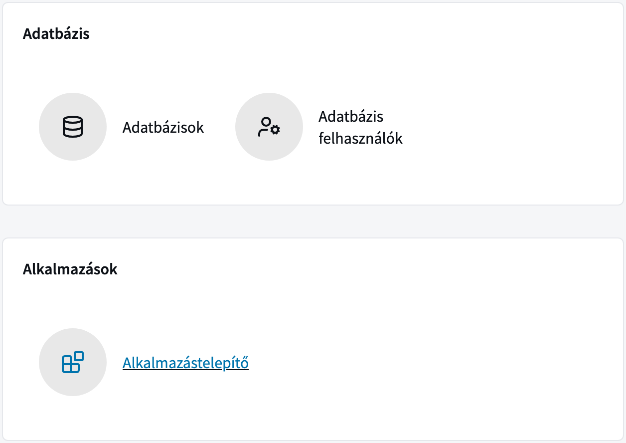 Az inimix tárhely oldalának alja az „Adatbázis” és az „Alkalmazások” blokkal, benne az „Alkalmazástelepítő” ikon