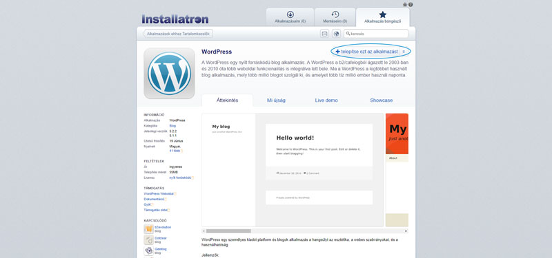 A WordPress ismertető oldala az alkalmazástelepítőben, kiemelve a telepítést indító gomb