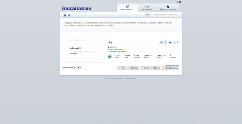A befejezett telepítés az alkalmazástelepítőben a weboldal és az admin felület címével